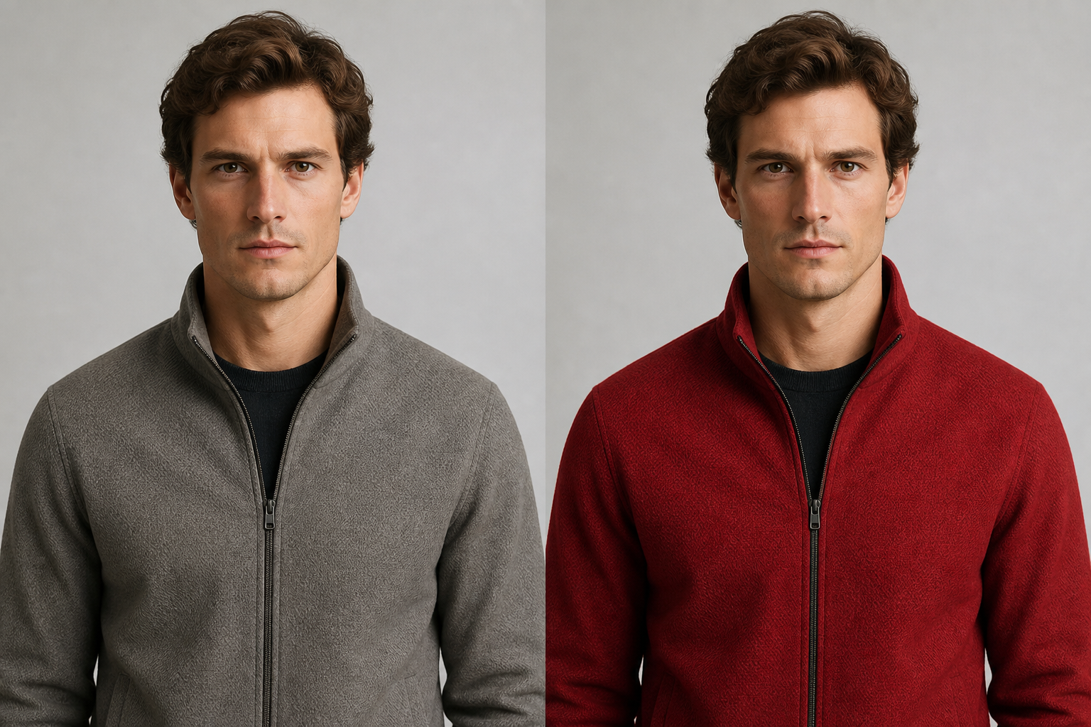 The same portrait before and after changing a gray jacket to red
