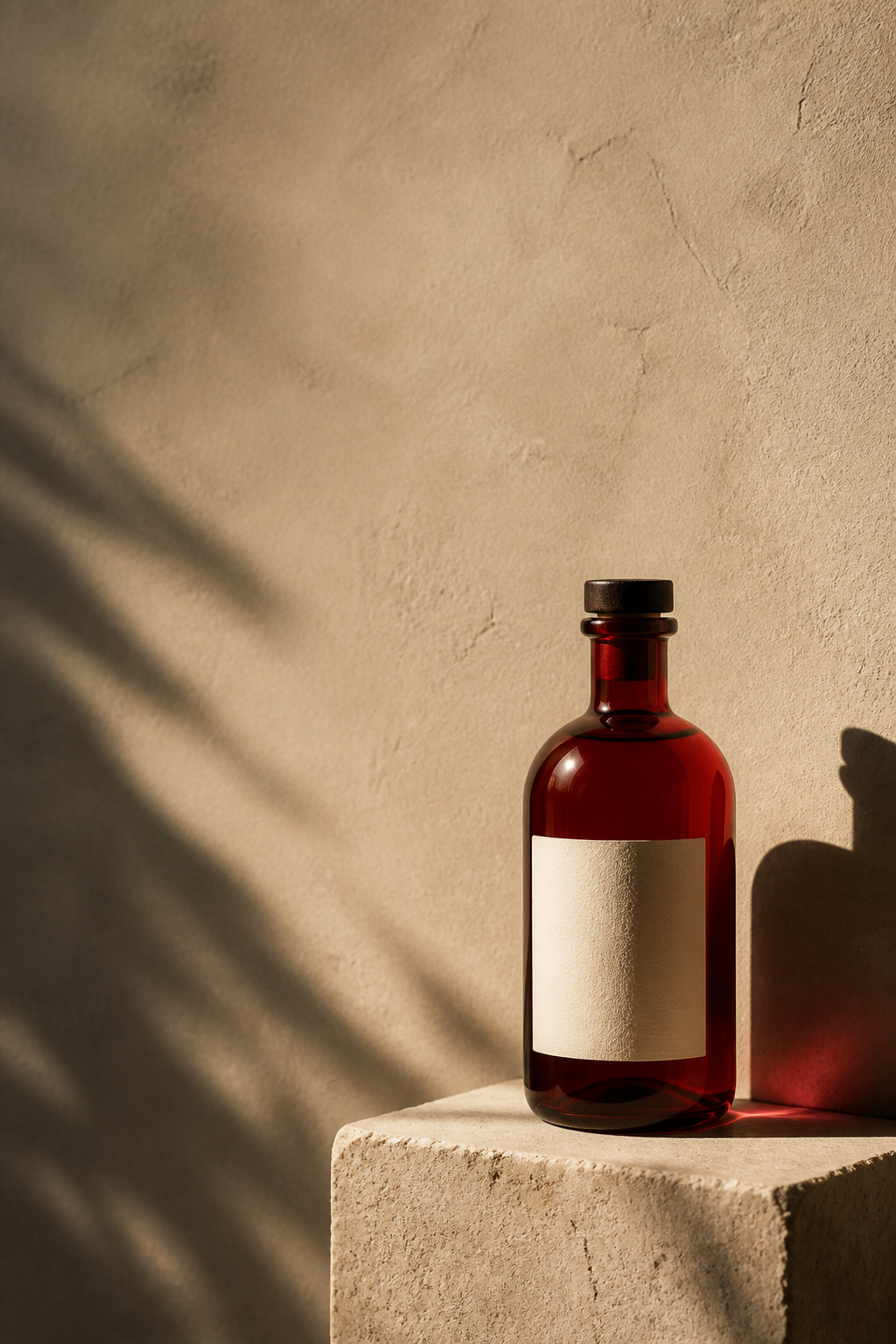 A red glass bottle on a stone pedestal with open space for an editorial poster headline