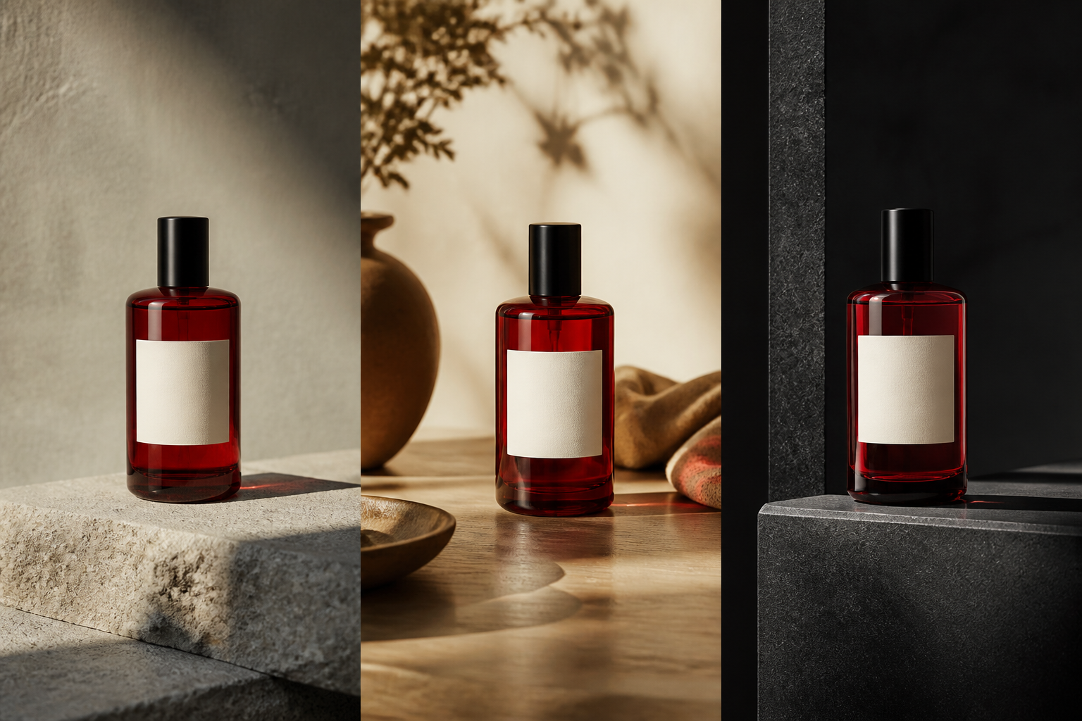 One red glass bottle carried through studio, lifestyle, and campaign product images