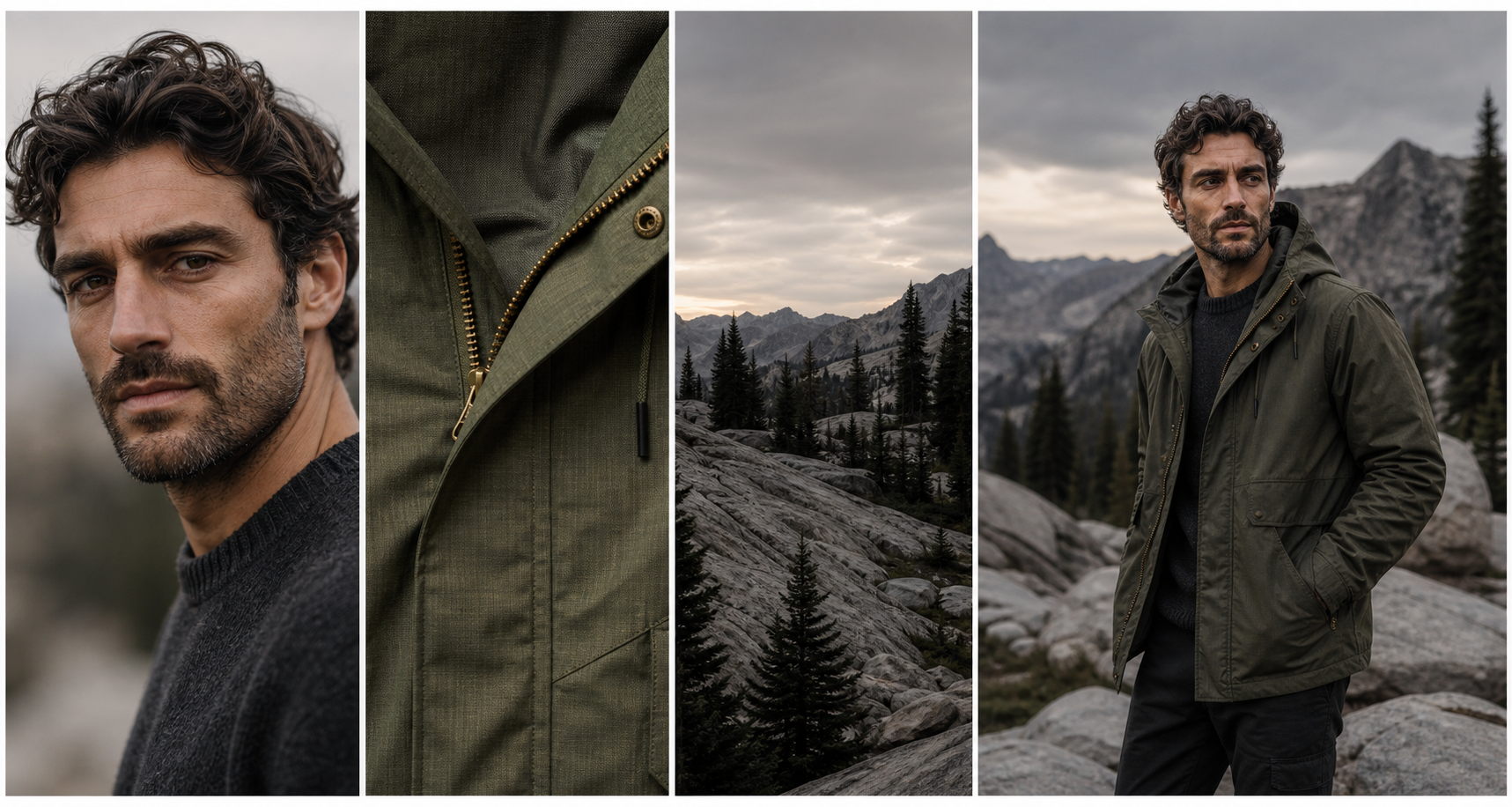 A portrait, clothing detail, landscape, and final character scene combined into one visual direction